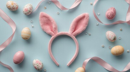 Pink bunny ears headband surrounded by decorated eggs and pink ribbons. Floral patterned eggs flowing pink ribbons and tiny gems create cheerful Easter display.