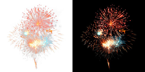 Orange and blue fireworks explosion set on transparent and black backgrounds for multi purpose holiday celebration design © Creative Png