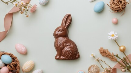 A chocolate bunny surrounded by pastel eggs and delicate flowers. Pink ribbons, daisy blooms, woven nests, and golden balls adorn the pale scene.