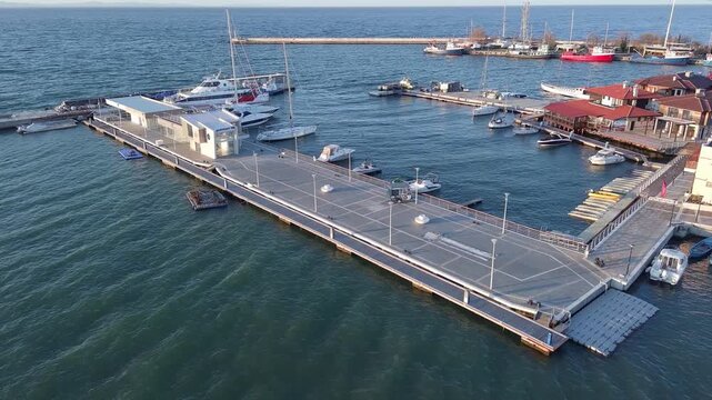 Aerial view of Nessebar with a pier on a peninsula in the Black Sea, Bulgaria