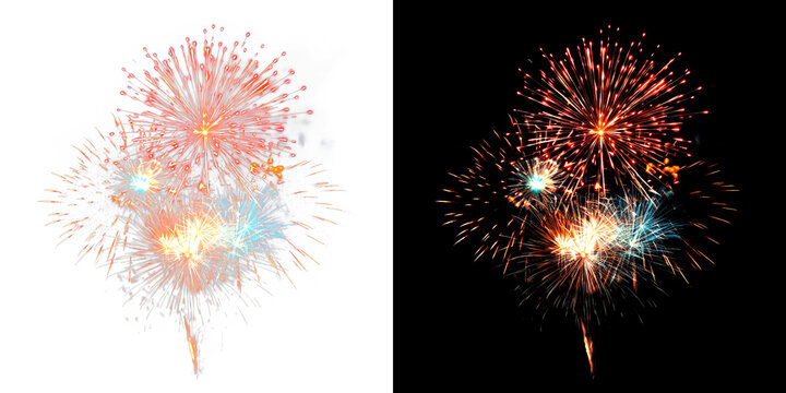 Orange and blue fireworks explosion set on transparent and black backgrounds for multi purpose holiday celebration design