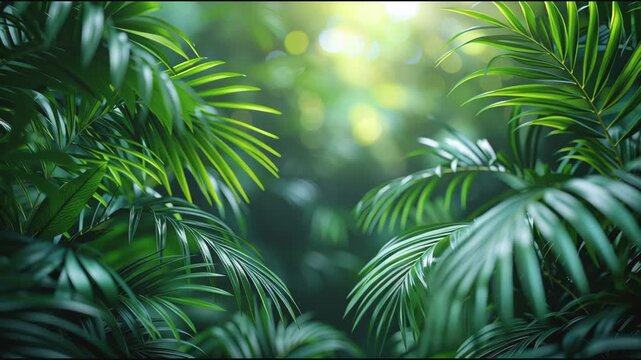Colorful summer tropical palm leaves with copyspace, trendy summer jungle style floral green pattern background, colors botanical tropical leaves ,sun light and shadows. slow motion footage