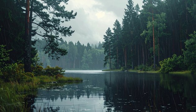 Misty Forest Lake with Reflections and Foggy Atmosphere in Serene Nature