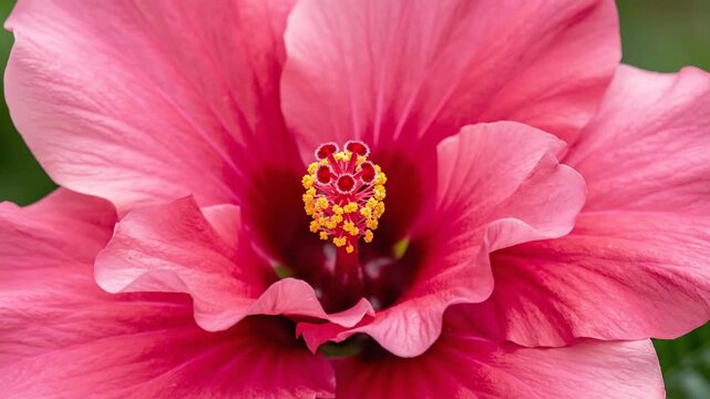 Close-up of a pink hibiscus flower blooming, revealing its stamen and petals