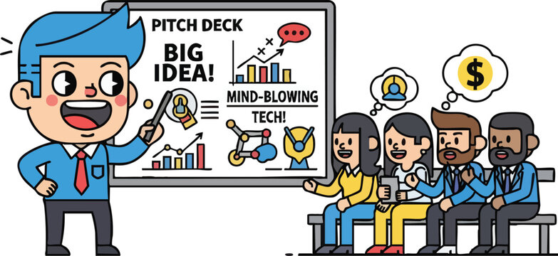 Cartoon Man Presenting Business Pitch Deck.