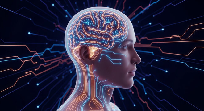 Artificial Intelligence Concept: A futuristic illustration of the human head with a glowing digital brain and circuit board patterns, representing AI, machine learning, and technological innovation