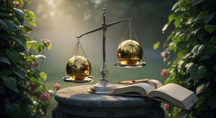 Golden globes on a scale, book open in a garden setting