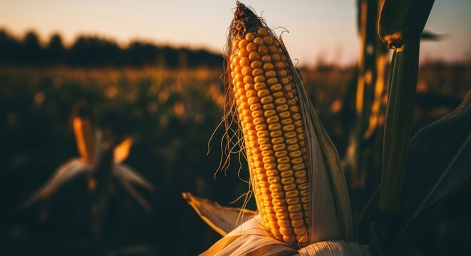 Golden corn on stalk with sunset glow in field