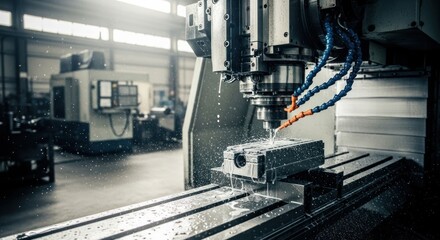 Fototapeta premium Heavy machinery precisely cutting metal in a factory setting, with coolant