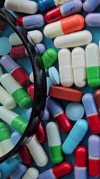 Various types of colorful pills and capsules are shown under a magnifying glass on a blue surface
