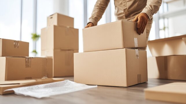Worker handling cardboard boxes in a bright warehouse setting
