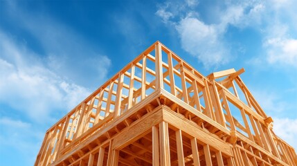 Wooden beams rise high as workers meticulously construct the framework of a new house. The vibrant sky adds beauty to the busy scene, filled with hope and creativity