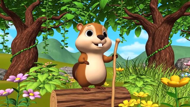Friendly Cartoon Beaver Standing on a Log in a Bright Forest Scene Video