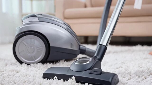 Someone is using a vacuum cleaner to clean the carpet in a living room 