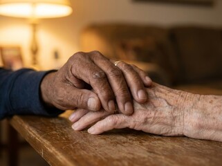 Tender moments: elderly couple holding hands in a cozy living room setting