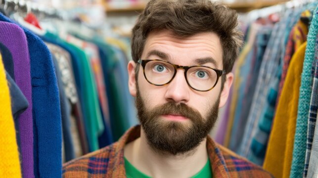 A young man with glasses stands amidst vibrant clothing racks in a thrift store, looking surprised by his find. He is surrounded by an array of colorful sweaters and jackets