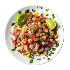 Vibrant ceviche dish with fresh lime and cilantro garnish on white plate isolated on white background