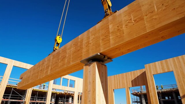 Mass Timber CLT Beam Lowered by Crane into Sustainable Wood Frame Against Blue Sky