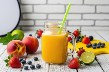Fresh Fruit Smoothie in Mason Jar with Peaches Strawberries Blueberries and Banana on White Wooden Background