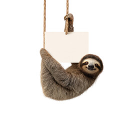 Obraz premium A sleepy sloth hanging and holding a blank sign on transparent background