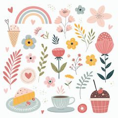 A vibrant collection of whimsical flowers, desserts, and treats surrounding a cup, illustrating a joyful scene from a top view.