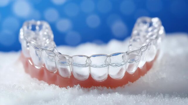 Clear dental aligners resting on snowlike surface with blue bokeh background