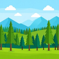 Fototapeta premium Vibrant green forest with tall pine trees and majestic blue mountains under sunny sky