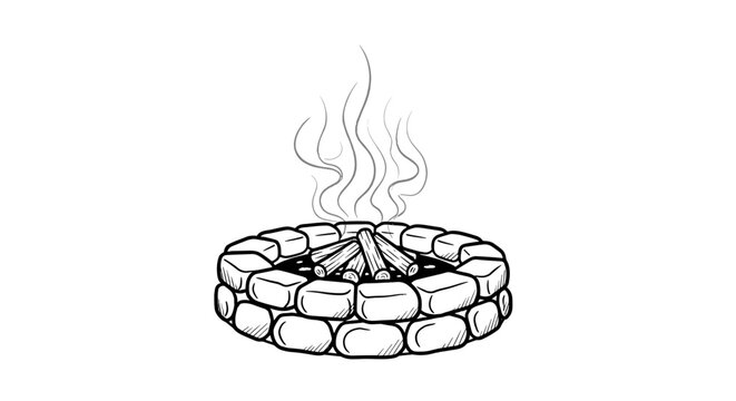 Fire pit illustration in a rustic style with a stone structure and smoke effect