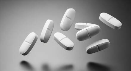 White oblong tablets appear to float in a grey shaded, studio setting