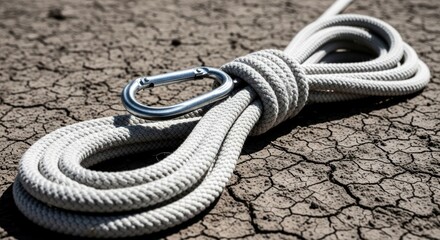 White rope with carabiner, coiled on cracked, dry earth