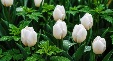 White tulips with lush green foliage, droplets of water glistening