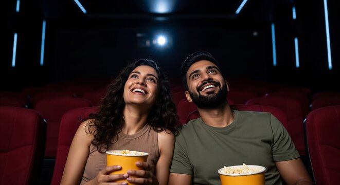 Couple laughing and enjoying movie night with popcorn in cinema