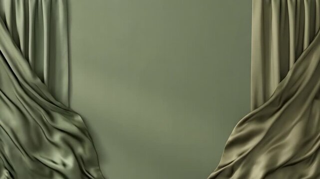 Elegant Olive Green Silk Curtains Opening Revealing a Neutral Backdrop.