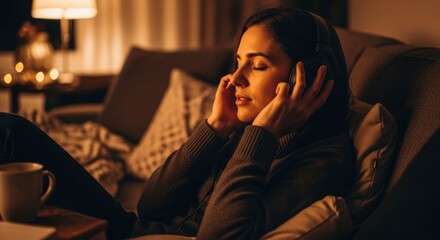 Woman relaxing on a couch, enjoying music through headphones
