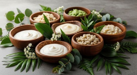 Wooden bowls of creams and grains arranged with greenery