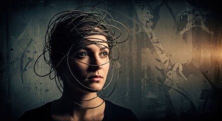 Woman with wire wrapped around head, conveying mental burden