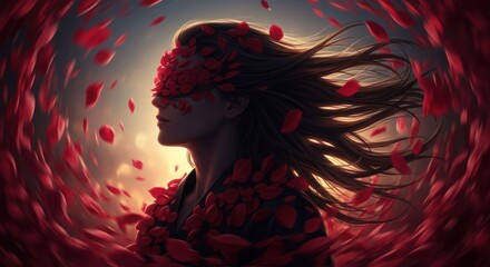 Woman's profile, red petals swirling around, covering her eyes