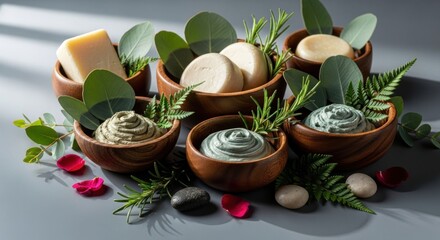 Wooden bowls with soaps, creams, and greens, spa-like arrangement