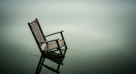 Wooden rocking chair submerged in tranquil, misty water