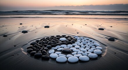 Yin Yang symbol crafted from stones on sandy beach at dawn