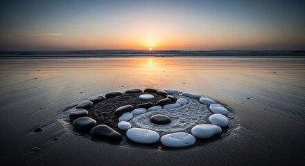 Yin yang symbol made of stones on beach, sunset