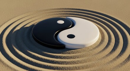 Yin and Yang symbol rests in raked sand, harmony concept