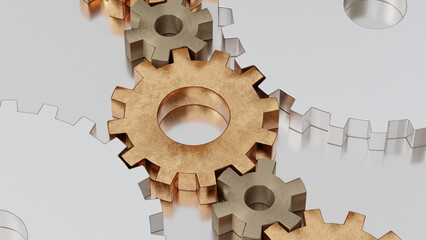 Interlocking metal gears on reflective industrial surface