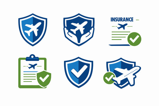 Airplane Insurance Logo Set Shield Hands and Document Designs.