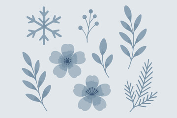 Fototapeta premium Elegant Winter Floral and Snowflake Illustration in Soft Blue Tones.