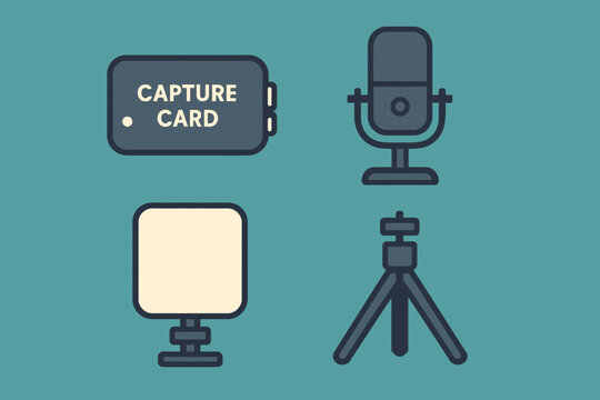 Vlogging Equipment Illustration Capture Card Microphone Light and Tripod.