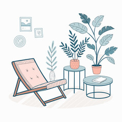 Fototapeta premium Relaxing scene with a lounge chair surrounded by potted plants in a serene indoor environment viewed from a slightly elevated perspective