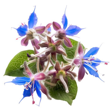 Delicate borage flowers with blue petals and hairy stems, close-up view isolated on white background