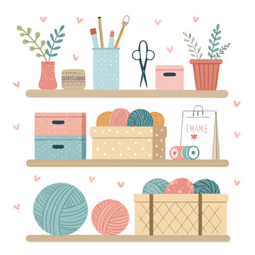 Colorful illustration of crafting supplies on wooden shelves with yarn, threads, and stationery in a cozy hobby setting viewed from the front