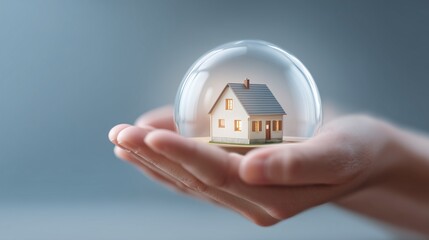 Hand holding miniature house inside protective glass bubble symbolizing home warranty and risk assessment, safety and coverage concept.